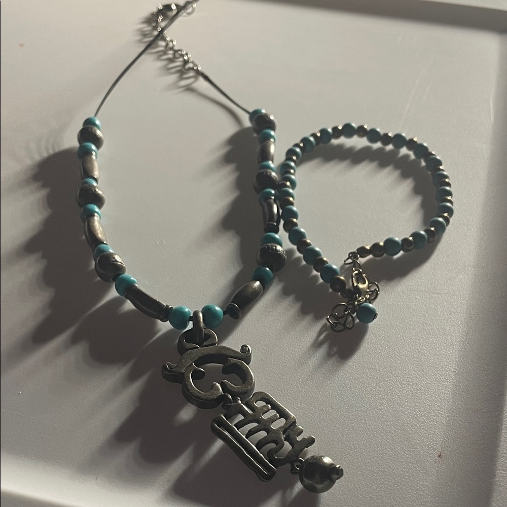 Turquoise Bead Silver Charm Necklace and Bracelet Set